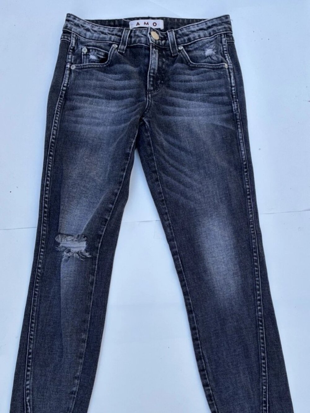 AMO Twist Vixen Destroy Distressed Low Rise Straight Black Jeans Notch Hem-Sz 24